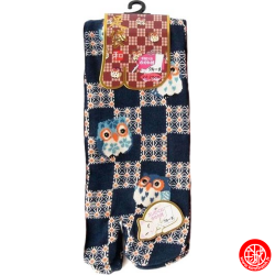 Tabi Socks (S) Chaussettes à orteil japonaises ChOUETTES sur DAMiER noires (extensible t34 à t39)