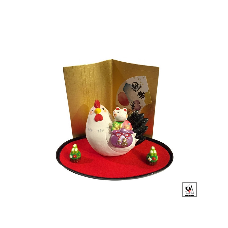 Coq 2017 et Maneki Neko en argile h7.5cm