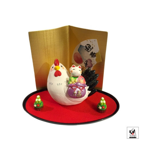 Coq 2017 et Maneki Neko en argile h7.5cm