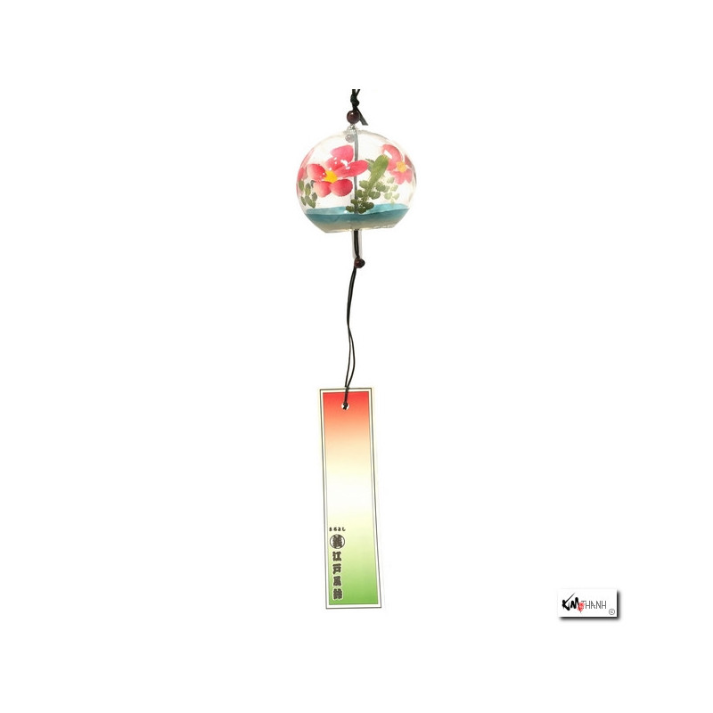 Carillon à vent japonais (fuurin) en verre soufflé boule FLEURS ROUGES