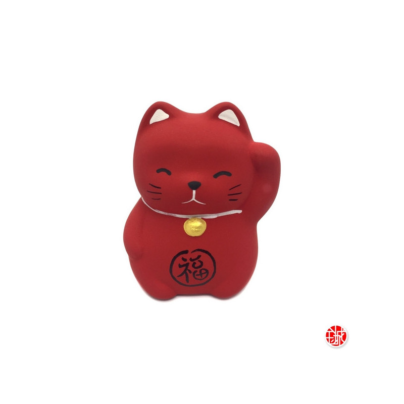 Maneki neko Petit RONd-RONd ROUGE en argile (Santé) h5cm