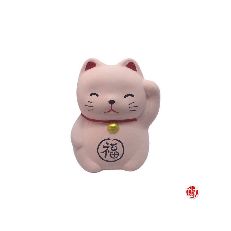Maneki neko Petit RONd-RONd ROSE en argile (Amour) h5cm