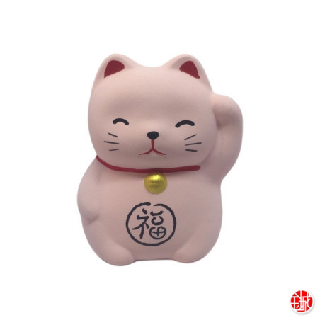 Maneki neko Petit RONd-RONd ROSE en argile (Amour) h5cm