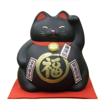 Tirelire Maneki neko BiG DODU en argile NOiR (Chance) h21cm