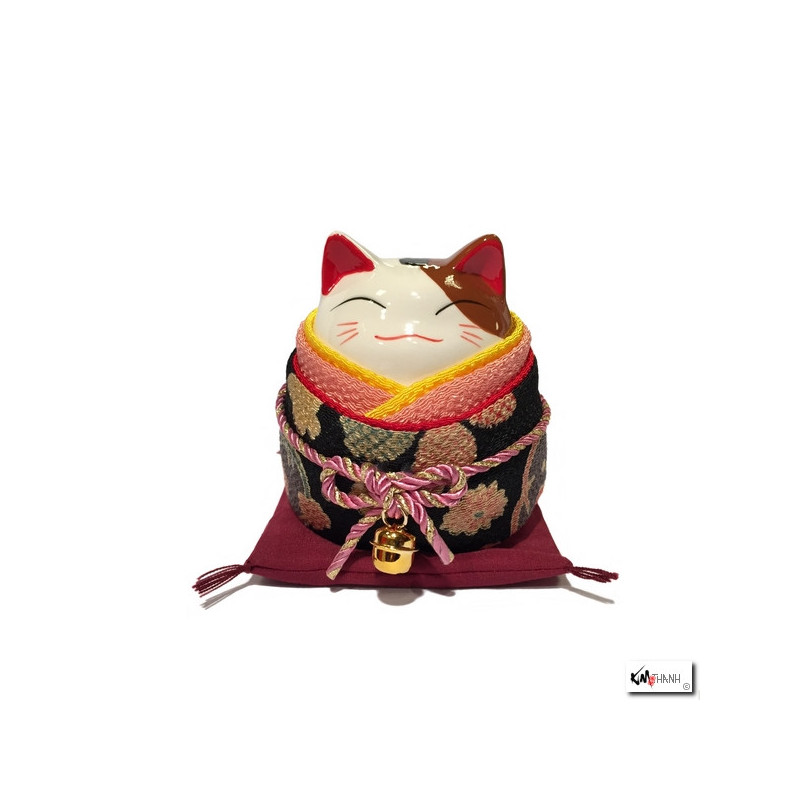 Tirelire Maneki neko rond KiMONO noir en porcelaine (h9cm)