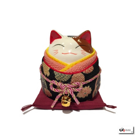 Tirelire Maneki neko rond KiMONO noir en porcelaine (h9cm)