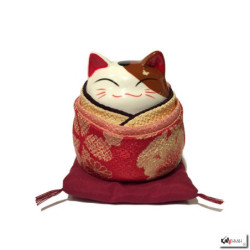 Tirelire Maneki neko rond KiMONO rouge en porcelaine