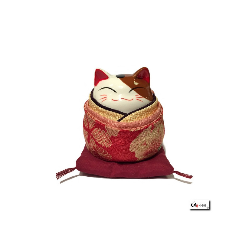 Tirelire Maneki neko rond KiMONO rouge en porcelaine