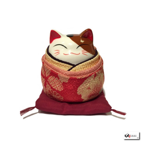 Tirelire Maneki neko rond KiMONO rouge en porcelaine