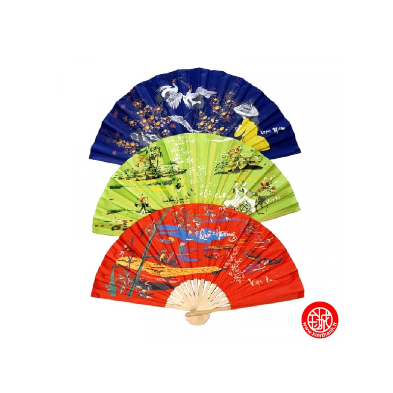 Eventail vietnamien en bambou et tissus coloré 28cm