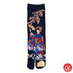 Tabi Socks (S) Chaussettes à orteil japonaises GEiShA EVENTAiL bleu nuit (Taille extensible de 34 à 39)