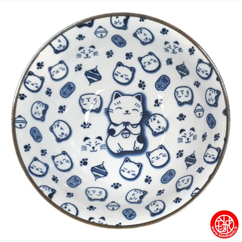 Bol à soupe ramen en porcelaine japonaise MANEKi NEKO SALUTATiON bleu (d19cm)
