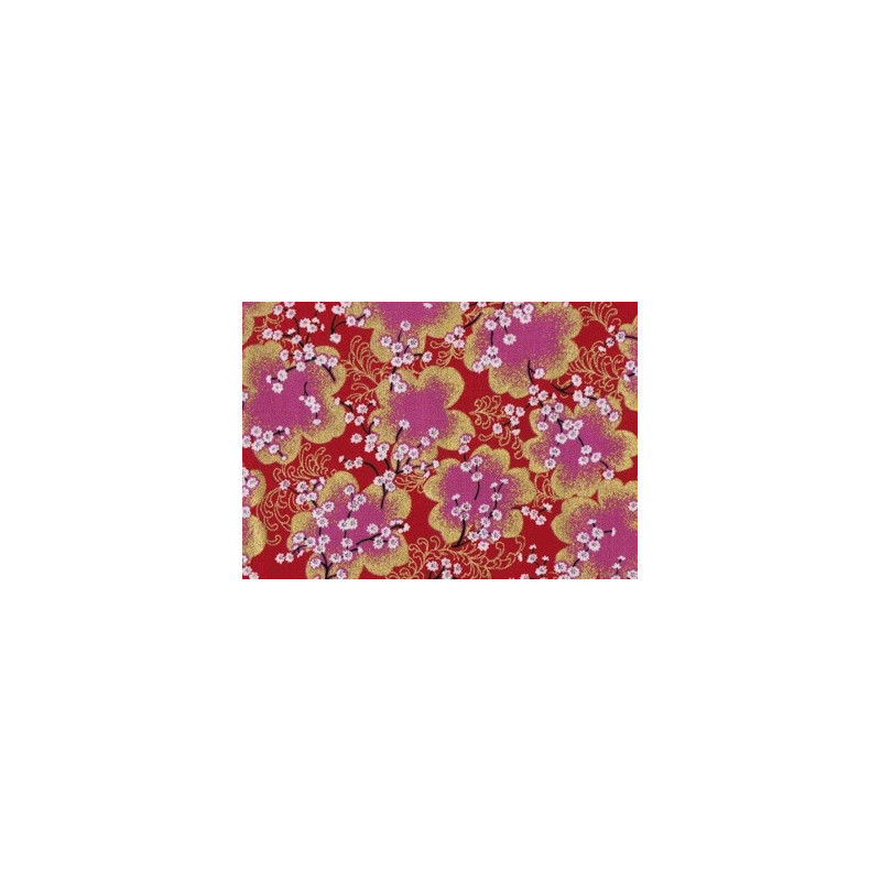 Tissus au mètre FLEURS de CERiSiER rouge et doré 100% coton (Japon)