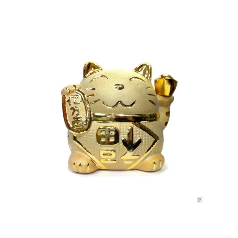 Tirelire Maneki Neko doré en porcelaine "BONhEUR" (h11.5cm)