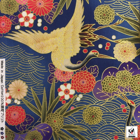 Tissus au mètre FLEURS et GRUES bleu marine 100% coton (Japon)