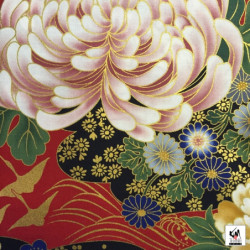 Tissus au mètre FLEURS et GRUES rouge et noir 100% coton (Japon)