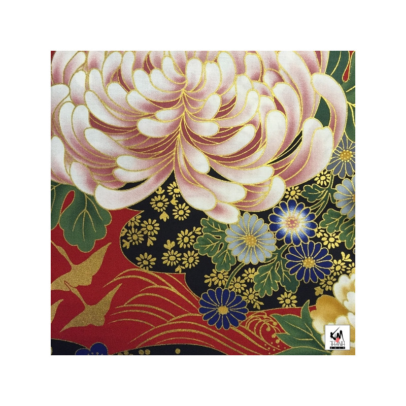 Tissus au mètre FLEURS et GRUES rouge et noir 100% coton (Japon)