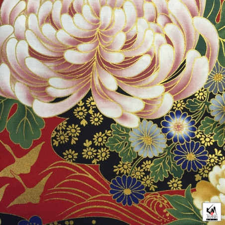Tissus au mètre FLEURS et GRUES rouge et noir 100% coton (Japon)