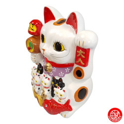Tirelire Maneki Neko avec chattons et Daruma peint à la main (h20cm)