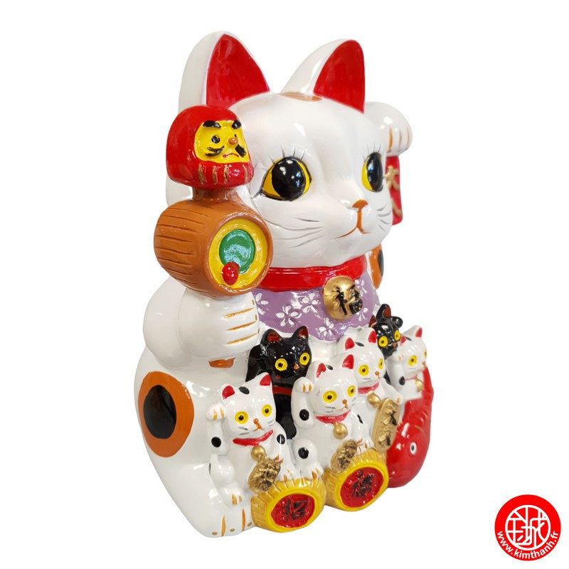Tirelire Maneki Neko avec chattons et Daruma peint à la main (h20cm)