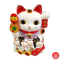 Tirelire Maneki Neko avec chattons et Daruma peint à la main (h20cm)