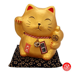 Tirelire Maneki neko avec le Maillet de la Fortune DORé en porcelaine (h10.5cm)