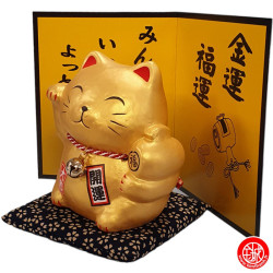 Tirelire Maneki neko avec le Maillet de la Fortune DORé en porcelaine (h10.5cm)
