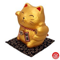 Tirelire Maneki neko avec le Maillet de la Fortune DORé en porcelaine (h10.5cm)