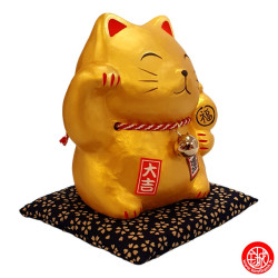 Tirelire Maneki neko avec le Maillet de la Fortune DORé en porcelaine (h10.5cm)