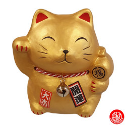 Tirelire Maneki neko avec le Maillet de la Fortune DORé en porcelaine (h10.5cm)
