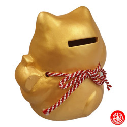 Tirelire Maneki neko avec le Maillet de la Fortune DORé en porcelaine (h10.5cm)