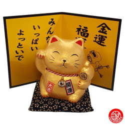 Tirelire Maneki neko avec le Maillet de la Fortune DORé en porcelaine (h10.5cm)