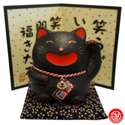 Maneki neko SMiLE noir en porcelaine (h9cm)