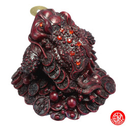 Jin Chan (crapaud de la richesse) sur pièces en résine marron (h7cm)