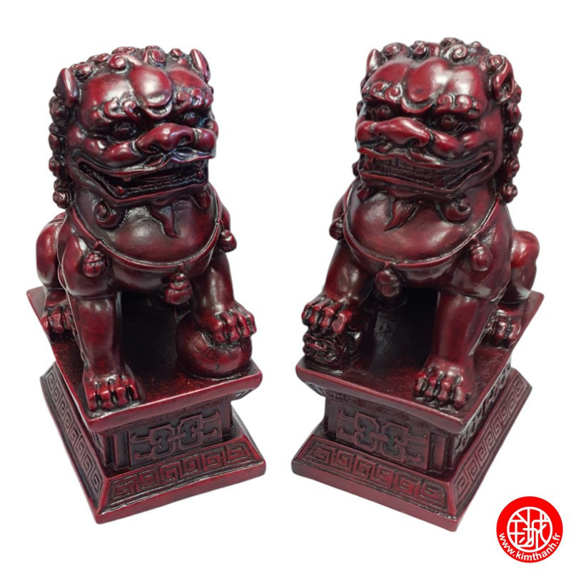 Chiens de Foo (Protection) sur socle en résine rouge (h16.5cm)