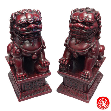 Chiens de Foo (Protection) sur socle en résine rouge (h16.5cm)