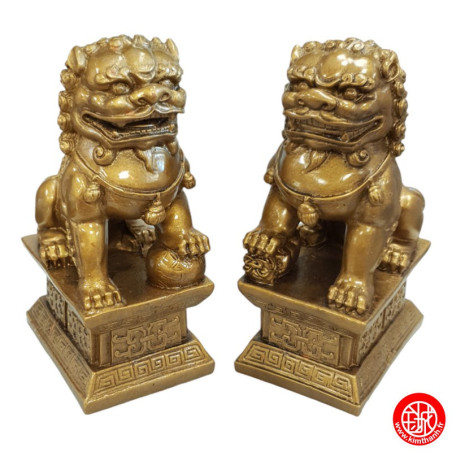 Chiens de Foo (Protection) sur socle en résine doré (h16.5cm)
