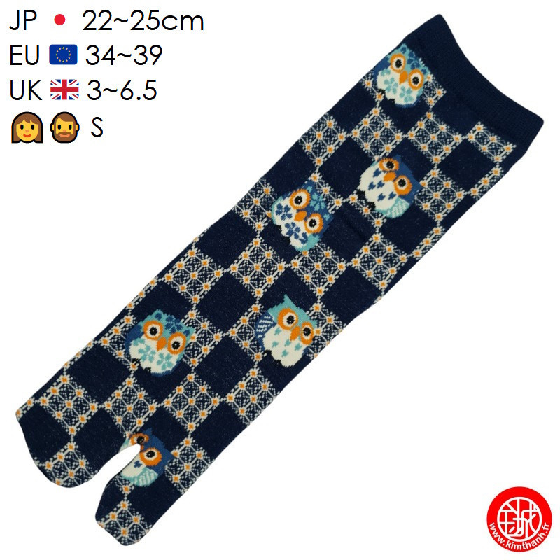 Tabi Socks (S) Chaussettes à orteil japonaises ChOUETTES sur DAMiER noires (extensible t34 à t39)