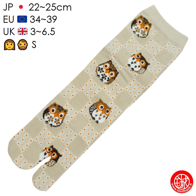 Tabi Socks (S) Chaussettes à orteil japonaises ChOUETTES sur DAMiER grises (extensible t34 à t39)