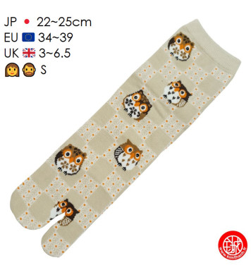 Tabi Socks (S) Chaussettes à orteil japonaises ChOUETTES sur DAMiER grises (extensible t34 à t39)