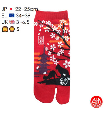 Tabi Socks (S) Socquettes à orteil japonaises ChATS et PAGOdE rouges (Taille extensible de 34 à 39)