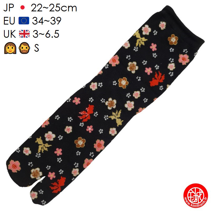 Tabi Socks (S) Chaussettes à orteil japonaises KiNGYO et SAKURA noires (Taille extensible de 34 à 39)