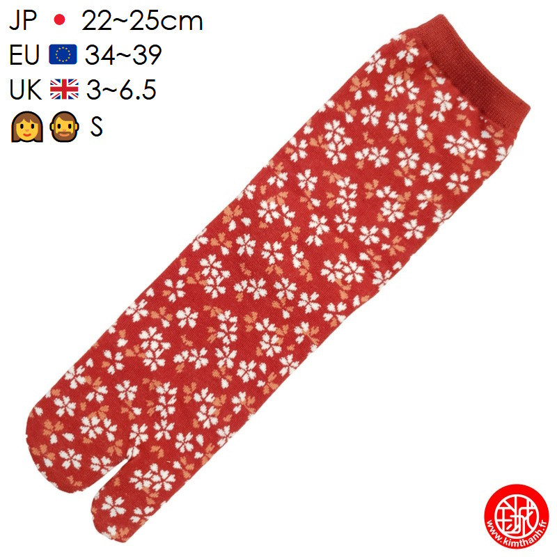 Tabi Socks (S) Chaussettes à orteil japonaises HANAbiRA GARA rouges (Taille extensible de 34 à 39)