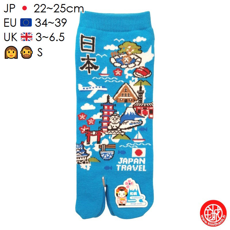 Tabi Socks (S) Socquettes à orteil japonaises CARTE du JAPON bleu turquoises (extensible t34 à t39)