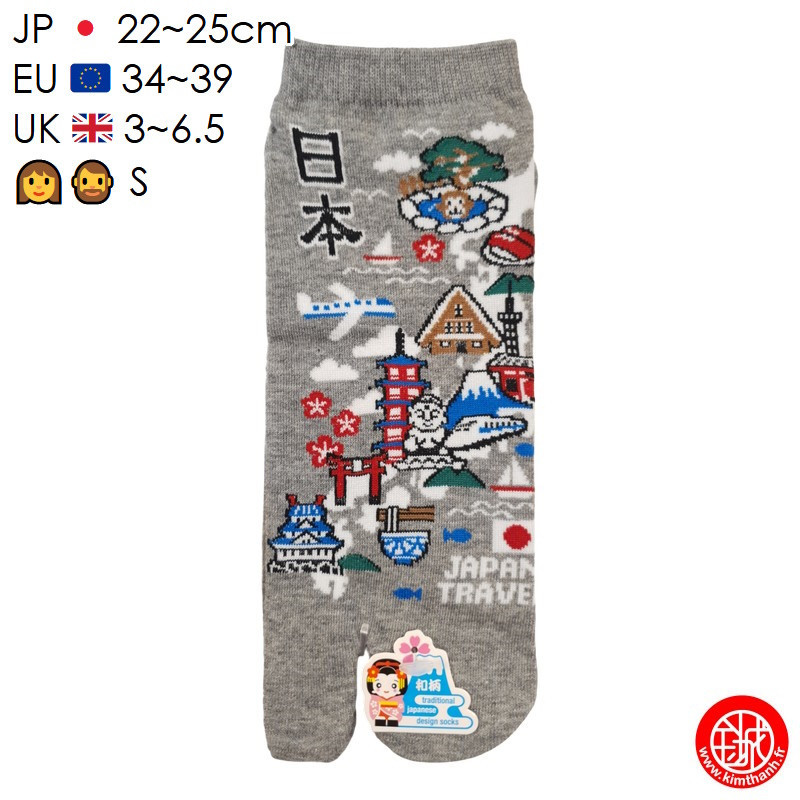 Tabi Socks (S) Socquettes à orteil japonaises CARTE du JAPON grises (extensible t34 à t39)