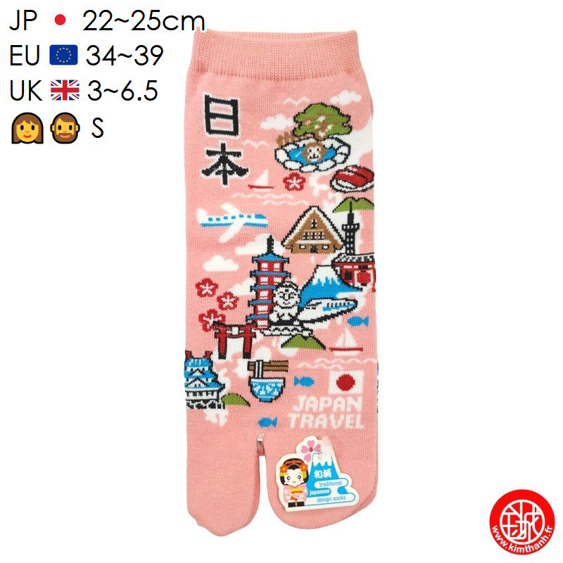 Tabi Socks (S) Socquettes à orteil japonaises CARTE du JAPON roses (extensible t34 à t39)