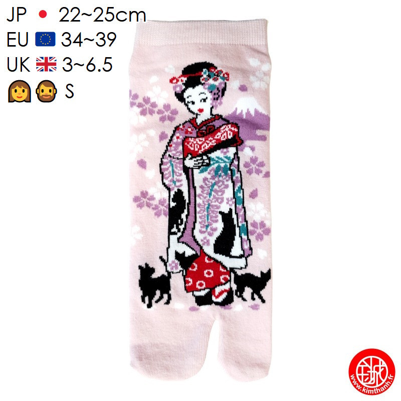 Tabi Socks (S) Socquettes à orteil japonaises ChATS et GEiShA roses (Taille extensible de 34 à 39)