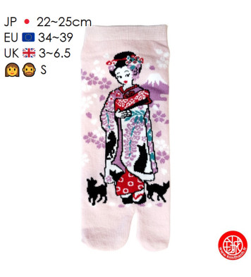 Tabi Socks (S) Socquettes à orteil japonaises ChATS et GEiShA roses (Taille extensible de 34 à 39)