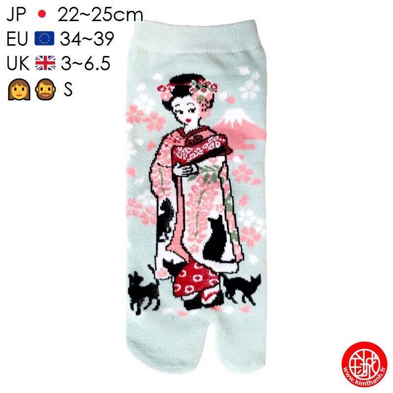 Tabi Socks (S) Socquettes à orteil japonaises ChATS et GEiShA bleu clair (Taille extensible de 34 à 39)