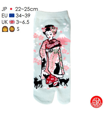 Tabi Socks (S) Socquettes à orteil japonaises ChATS et GEiShA bleu clair (Taille extensible de 34 à 39)